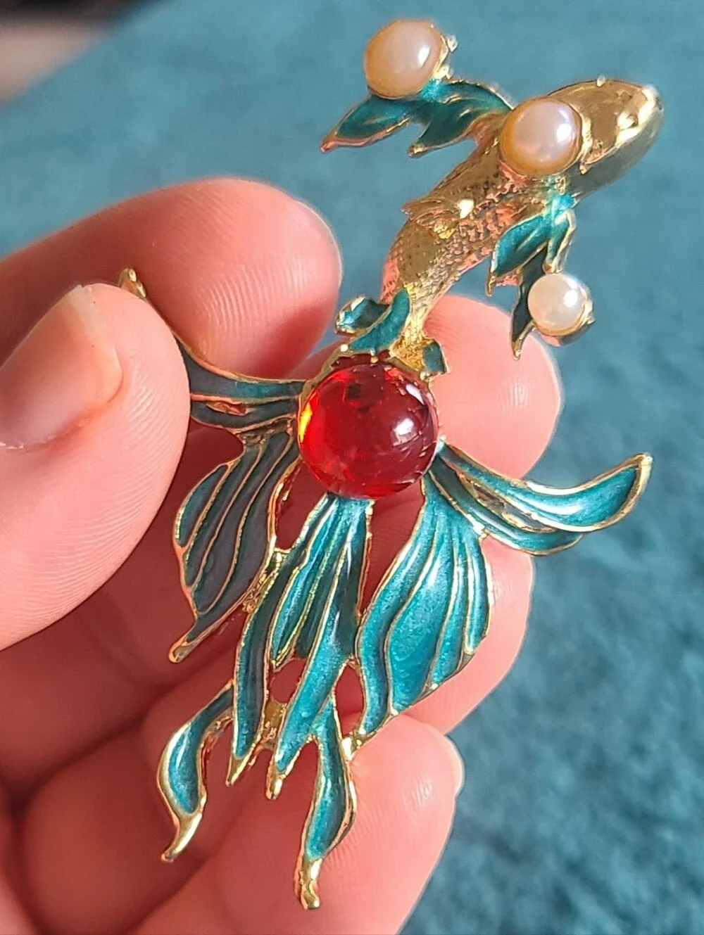 Vintage Gold-tone Teal Enamel Koi Brooch with Red Cabochon and Pearl Accents